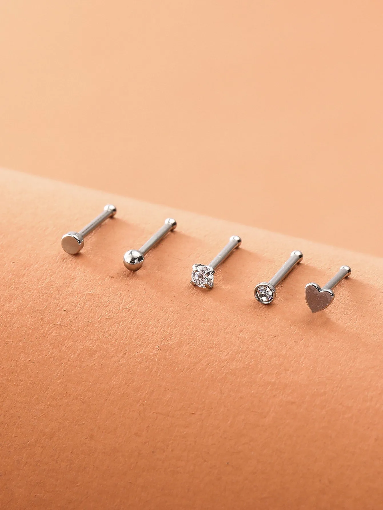 5pcs Zircon & Heart Decor Nose Stud - Silver