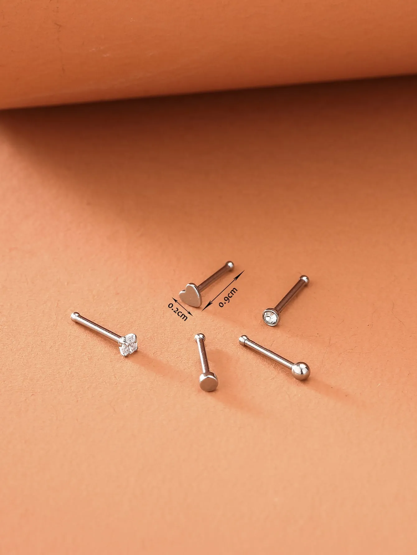 5pcs Zircon & Heart Decor Nose Stud - Silver