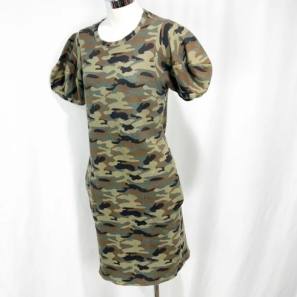 ANTHROPOLOGIE’S Velvet Jolene Tunic Puff Sleeve Camo Dress size XS