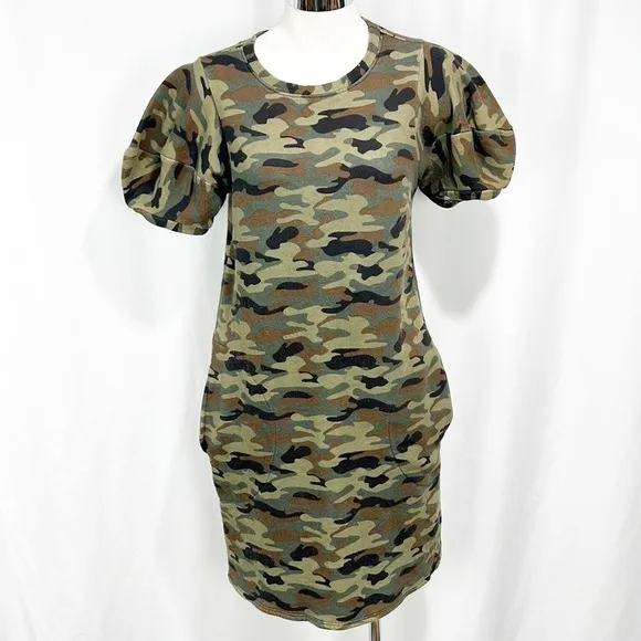 ANTHROPOLOGIE’S Velvet Jolene Tunic Puff Sleeve Camo Dress size XS