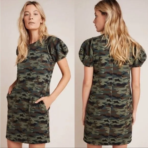ANTHROPOLOGIE’S Velvet Jolene Tunic Puff Sleeve Camo Dress size XS