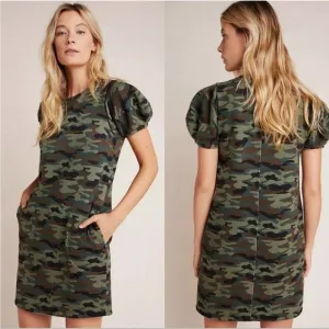 ANTHROPOLOGIE’S Velvet Jolene Tunic Puff Sleeve Camo Dress size XS