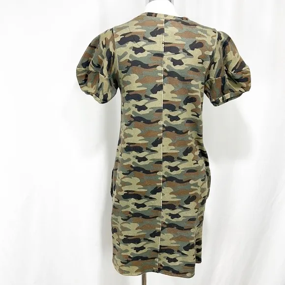 ANTHROPOLOGIE’S Velvet Jolene Tunic Puff Sleeve Camo Dress size XS