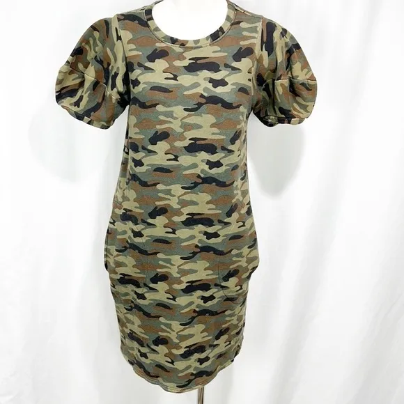 ANTHROPOLOGIE’S Velvet Jolene Tunic Puff Sleeve Camo Dress size XS