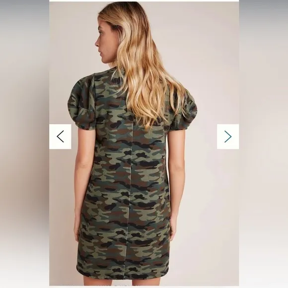 ANTHROPOLOGIE’S Velvet Jolene Tunic Puff Sleeve Camo Dress size XS