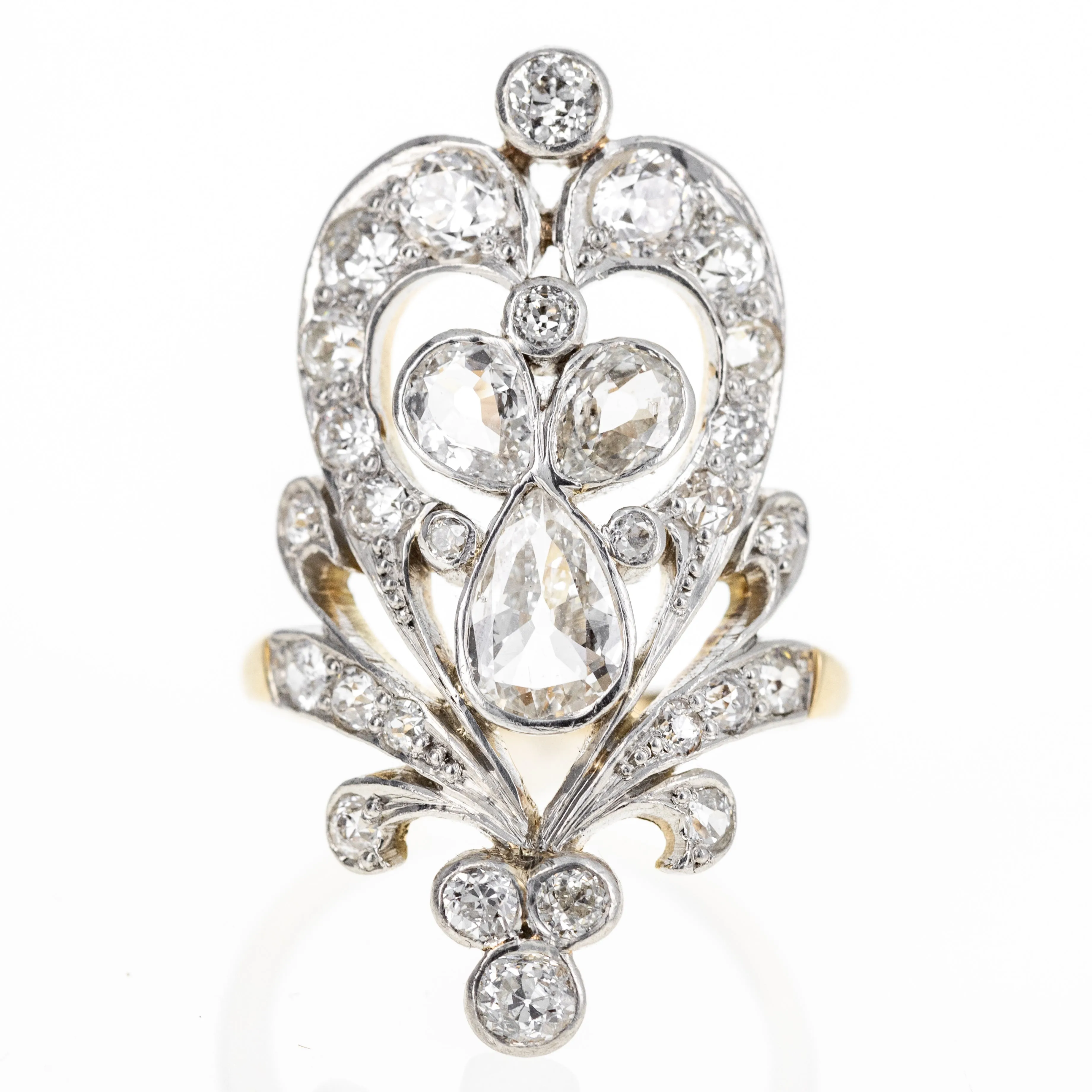 Antique Edwardian 14K Yellow Gold and Platinum 1.75 Carat Diamond Tiara Ring