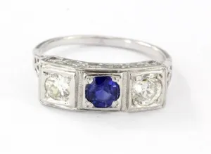 Antique Platinum Old Mine Cut Diamond & Sapphire Engagement Ring 1 CTTW Size 6.5