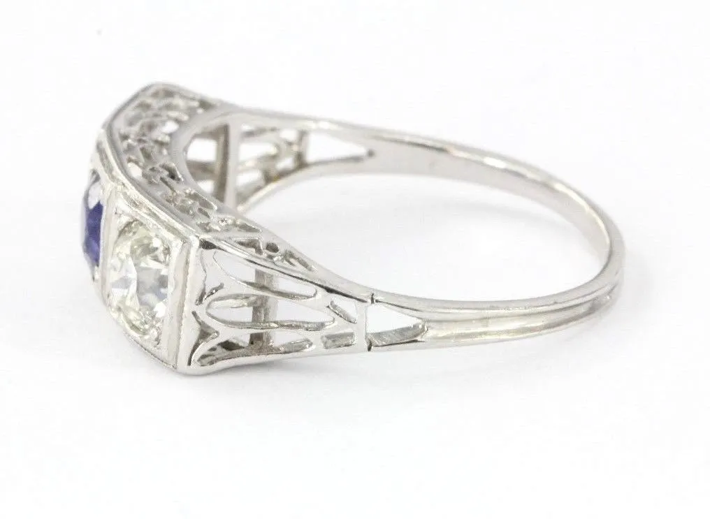 Antique Platinum Old Mine Cut Diamond & Sapphire Engagement Ring 1 CTTW Size 6.5