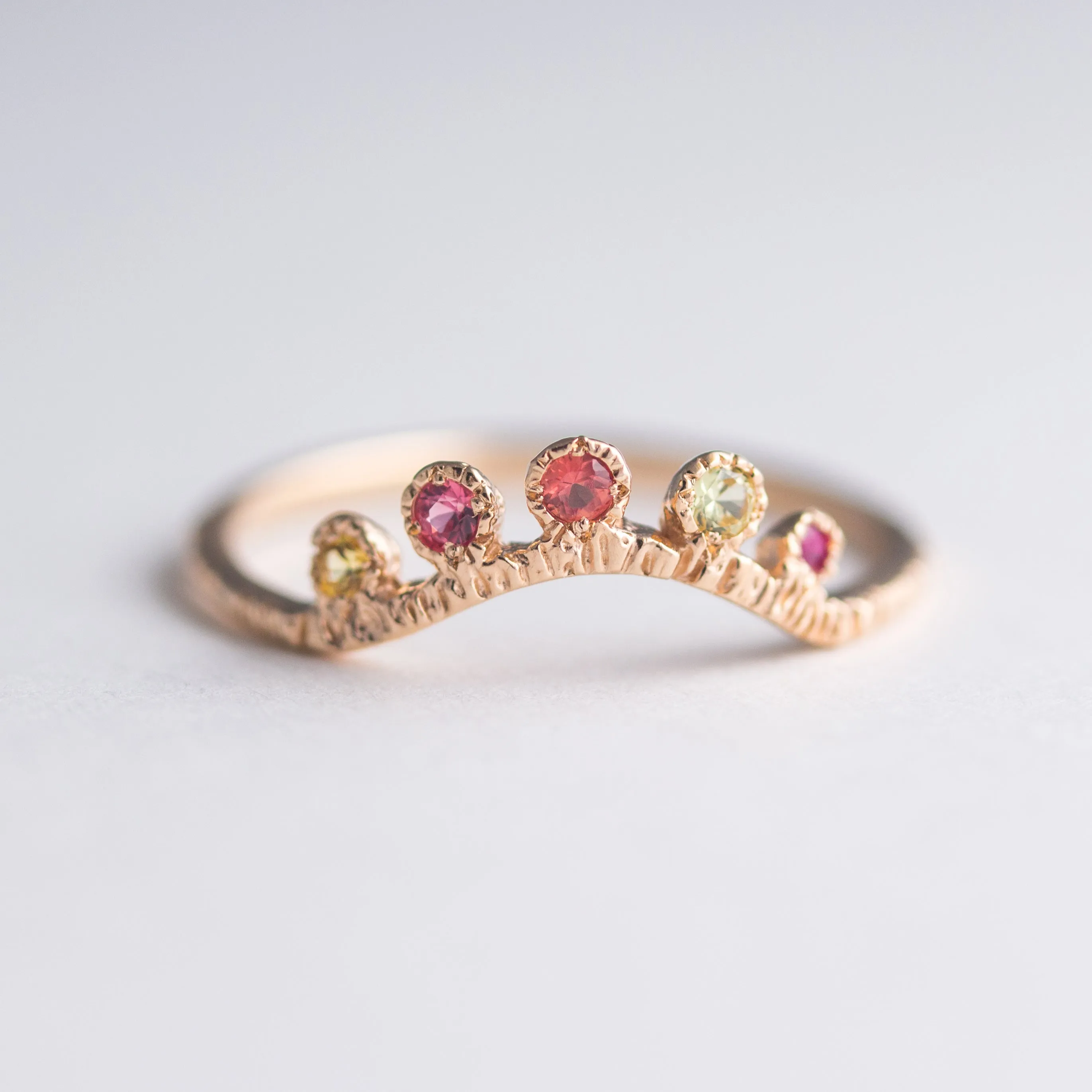 Arco Sapphire   Ruby Ring in 14K Peach Gold - Size 5.10