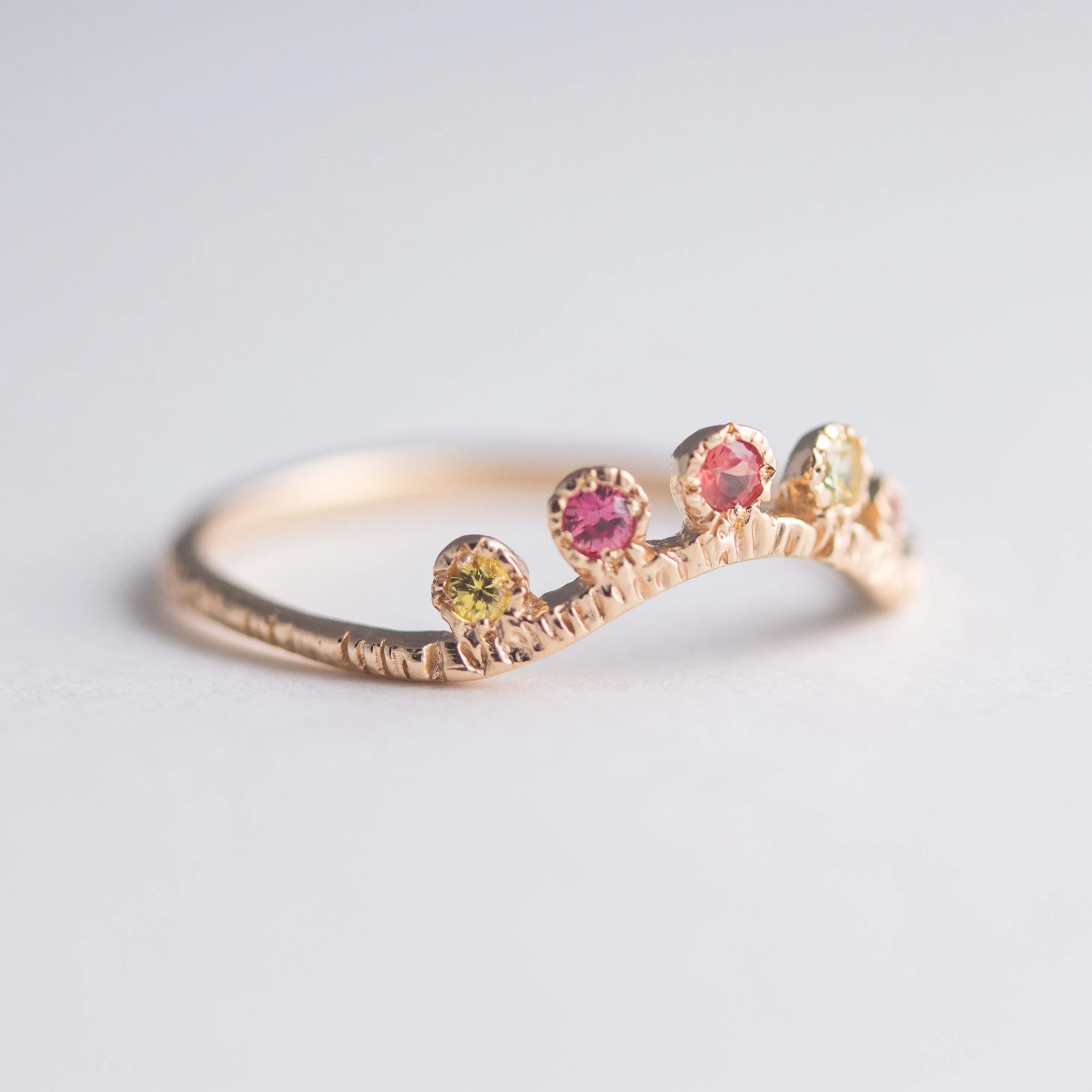 Arco Sapphire   Ruby Ring in 14K Peach Gold - Size 5.10