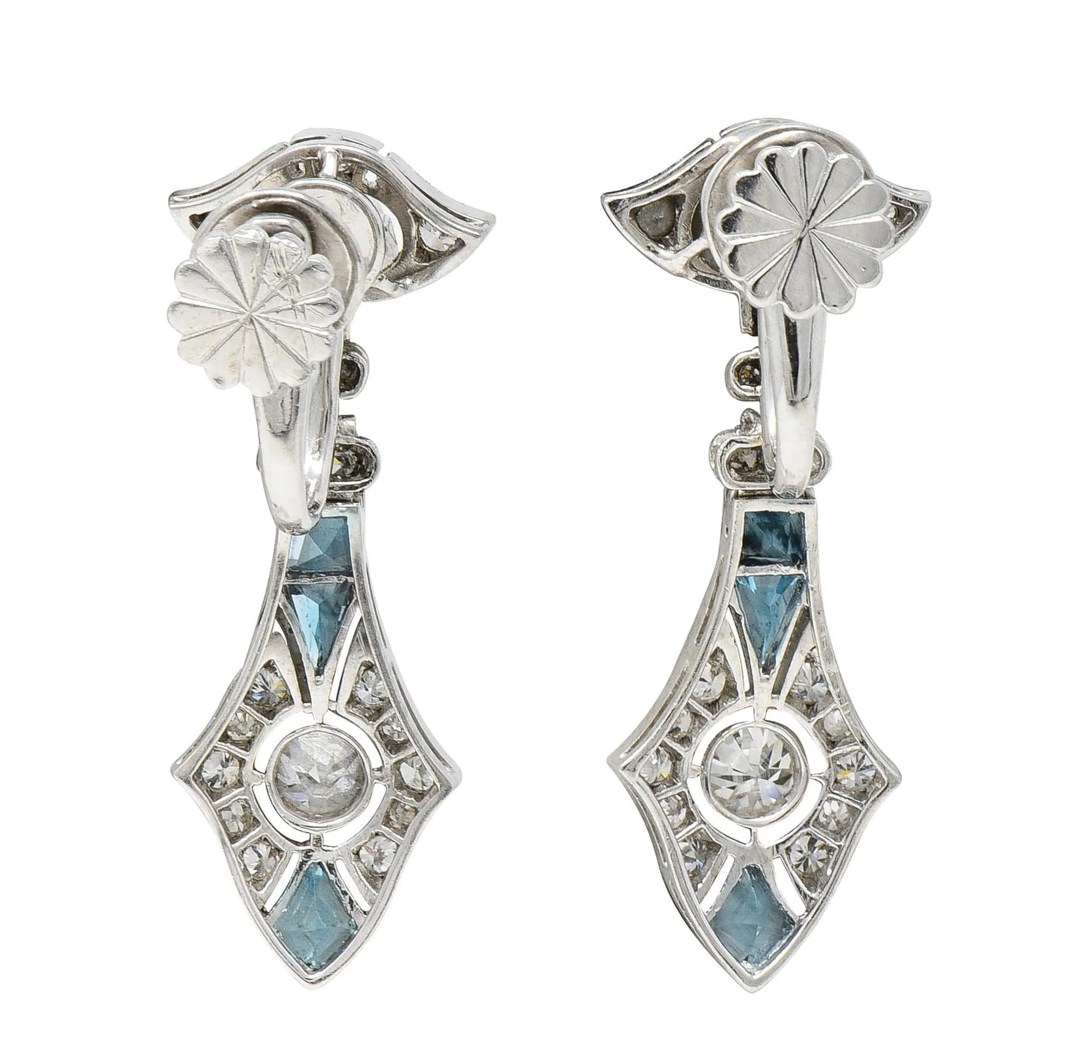 Art Deco Diamond Aquamarine Platinum Vintage Screwback Drop Earrings