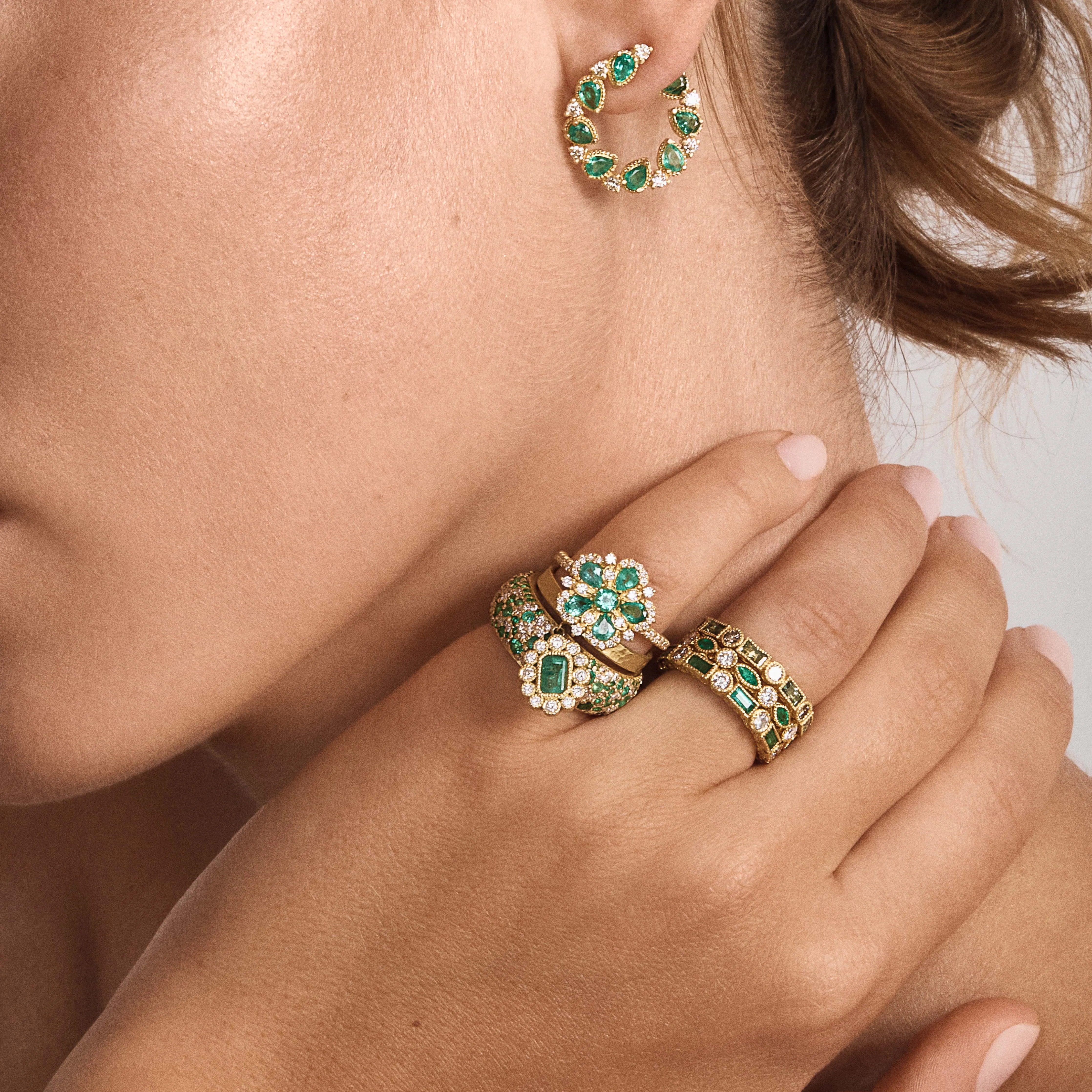 Baguette Emerald & Round Diamond Bezel Stack Ring