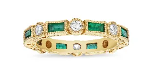 Baguette Emerald & Round Diamond Bezel Stack Ring