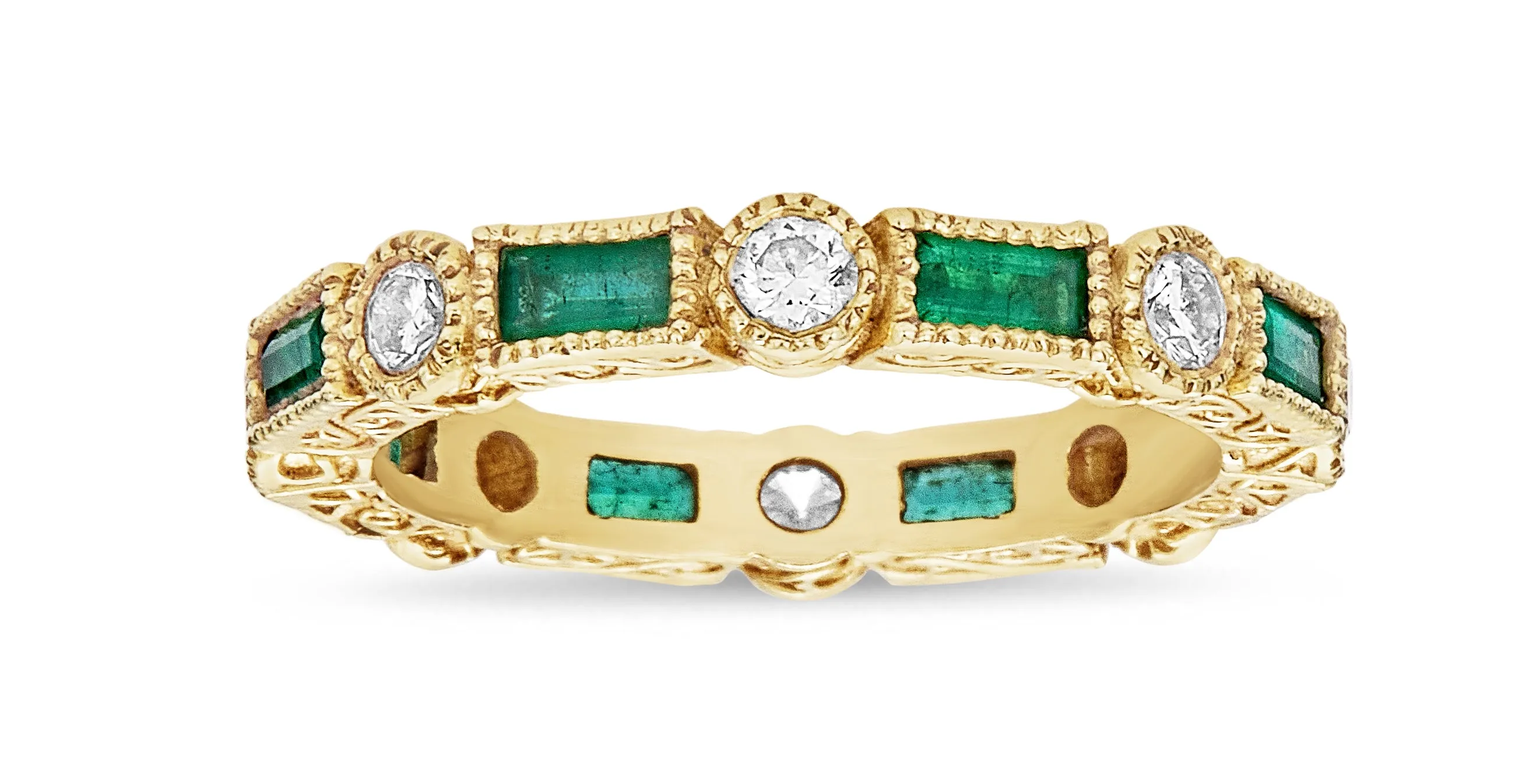 Baguette Emerald & Round Diamond Bezel Stack Ring