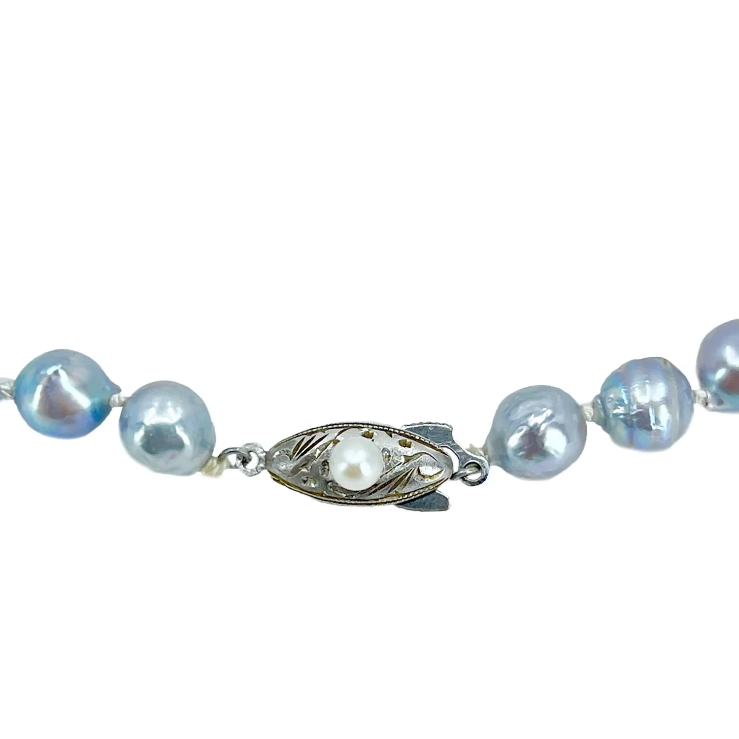 Baroque Blue Vintage Mid Century Japanese Saltwater Cultured Akoya Pearl Necklace - Silver 17 Inch