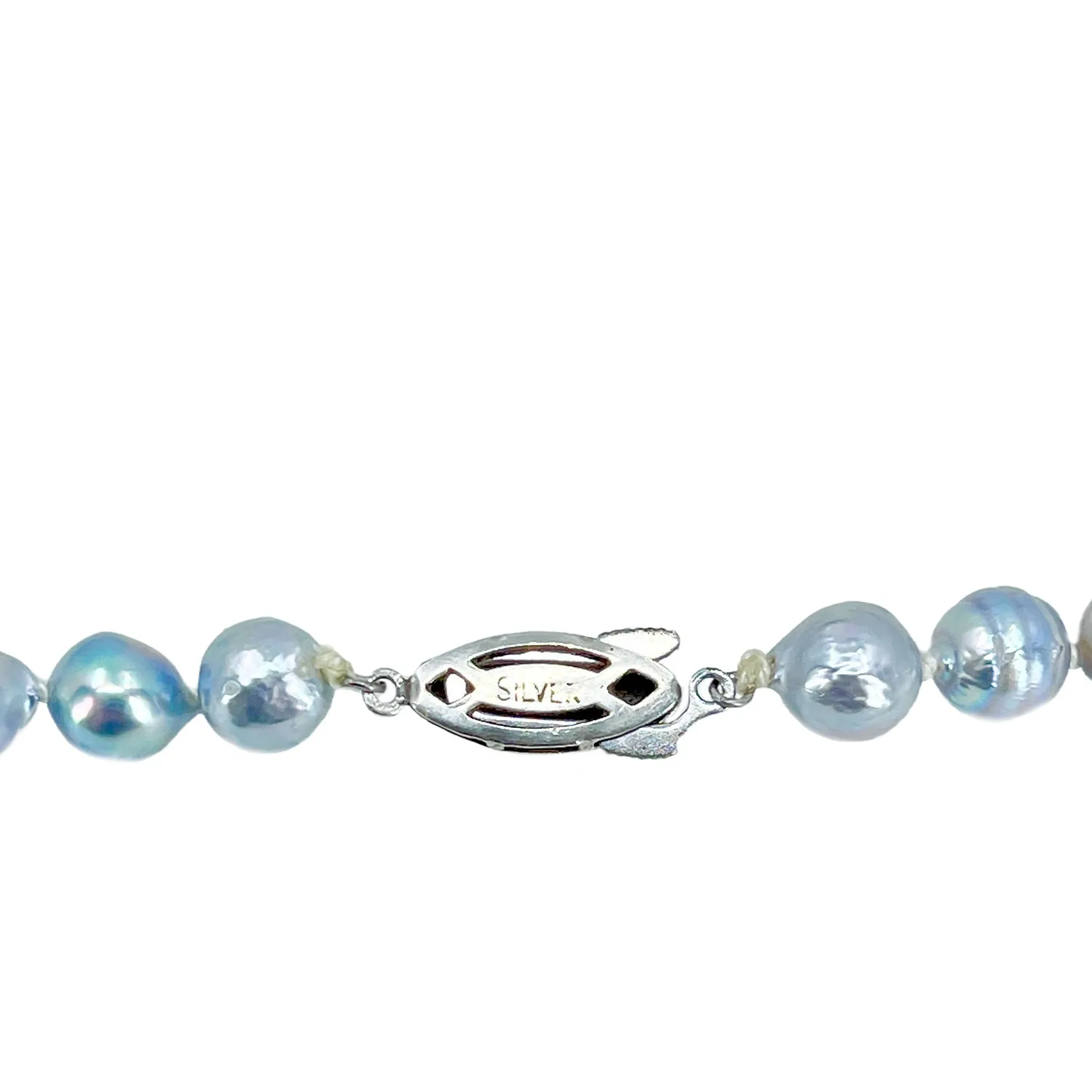 Baroque Blue Vintage Mid Century Japanese Saltwater Cultured Akoya Pearl Necklace - Silver 17 Inch