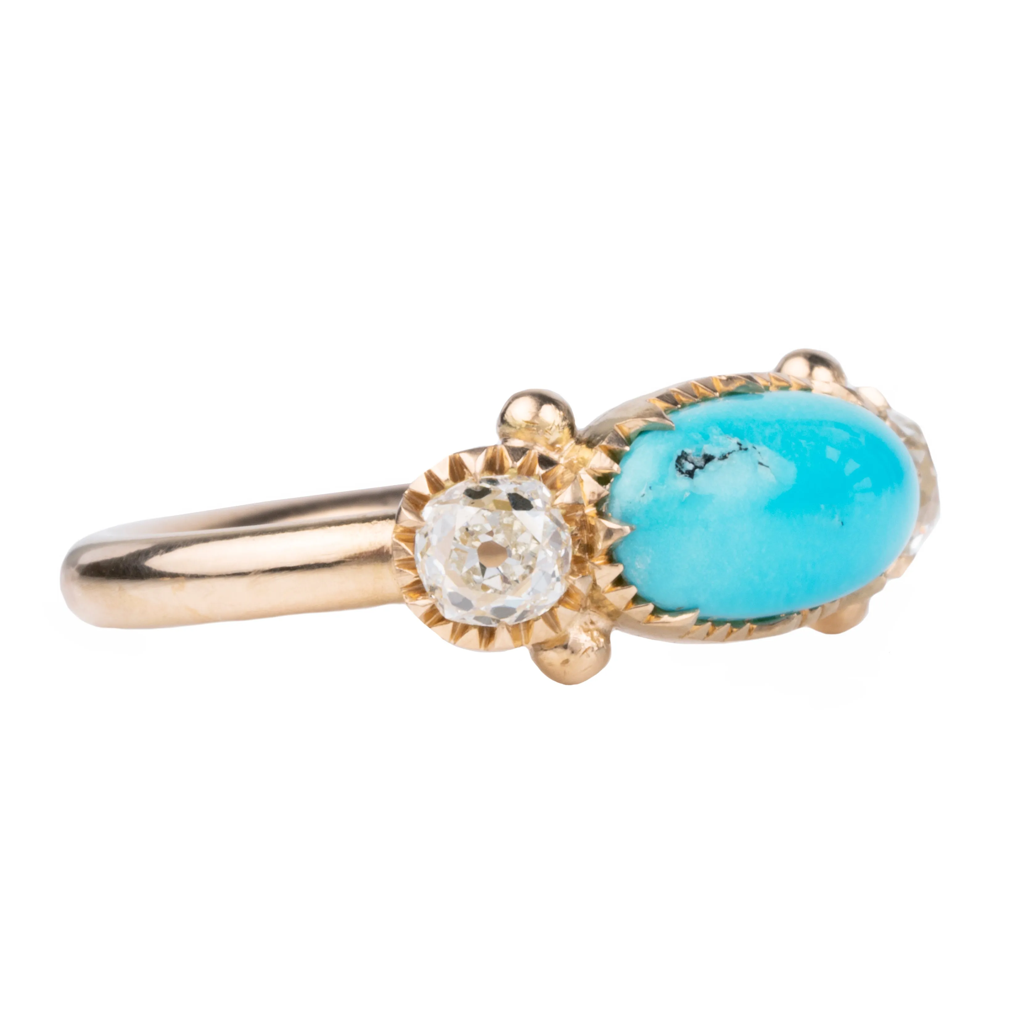 Bell & Bird Turquoise and Old Mine Cut Diamond Three Stone Ring