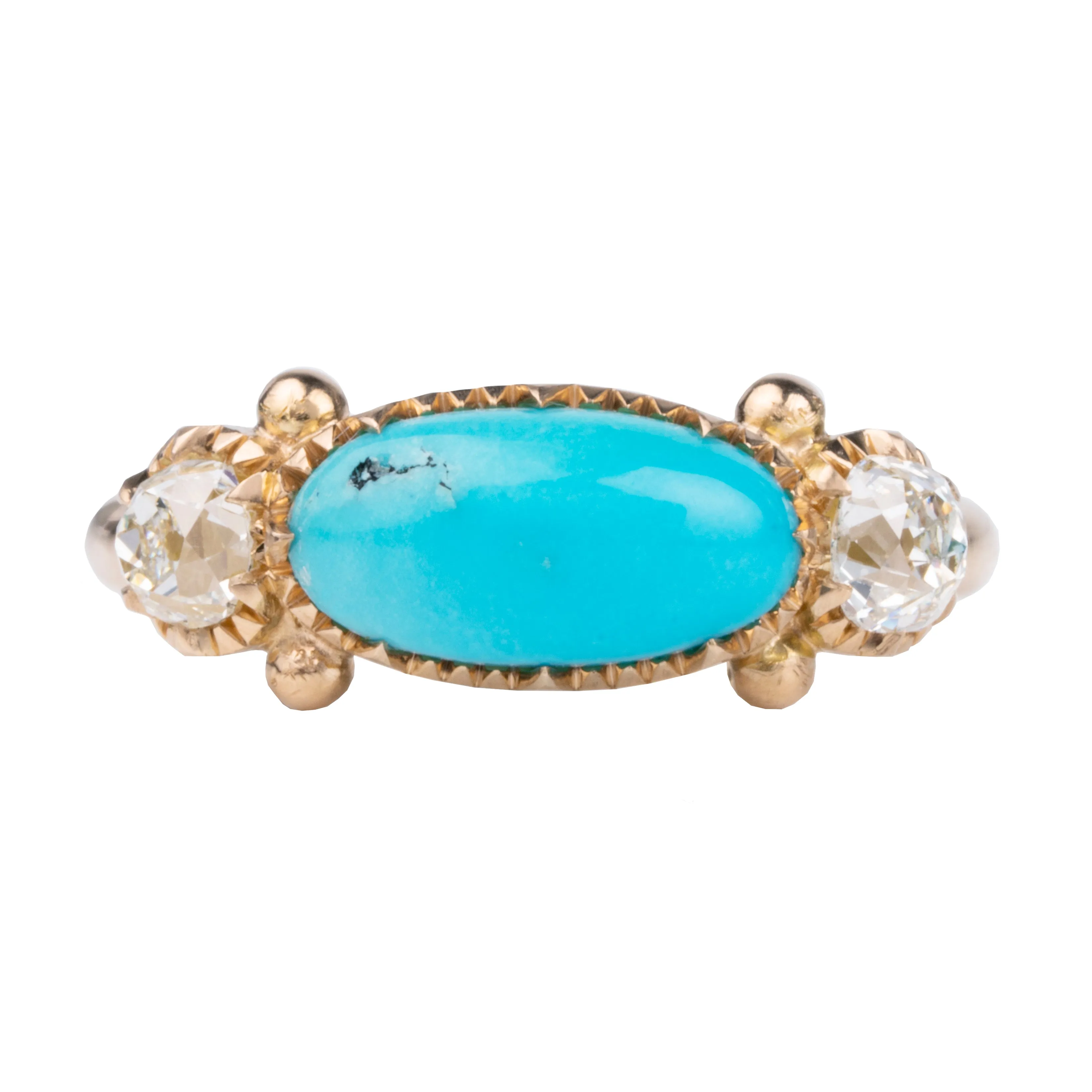 Bell & Bird Turquoise and Old Mine Cut Diamond Three Stone Ring