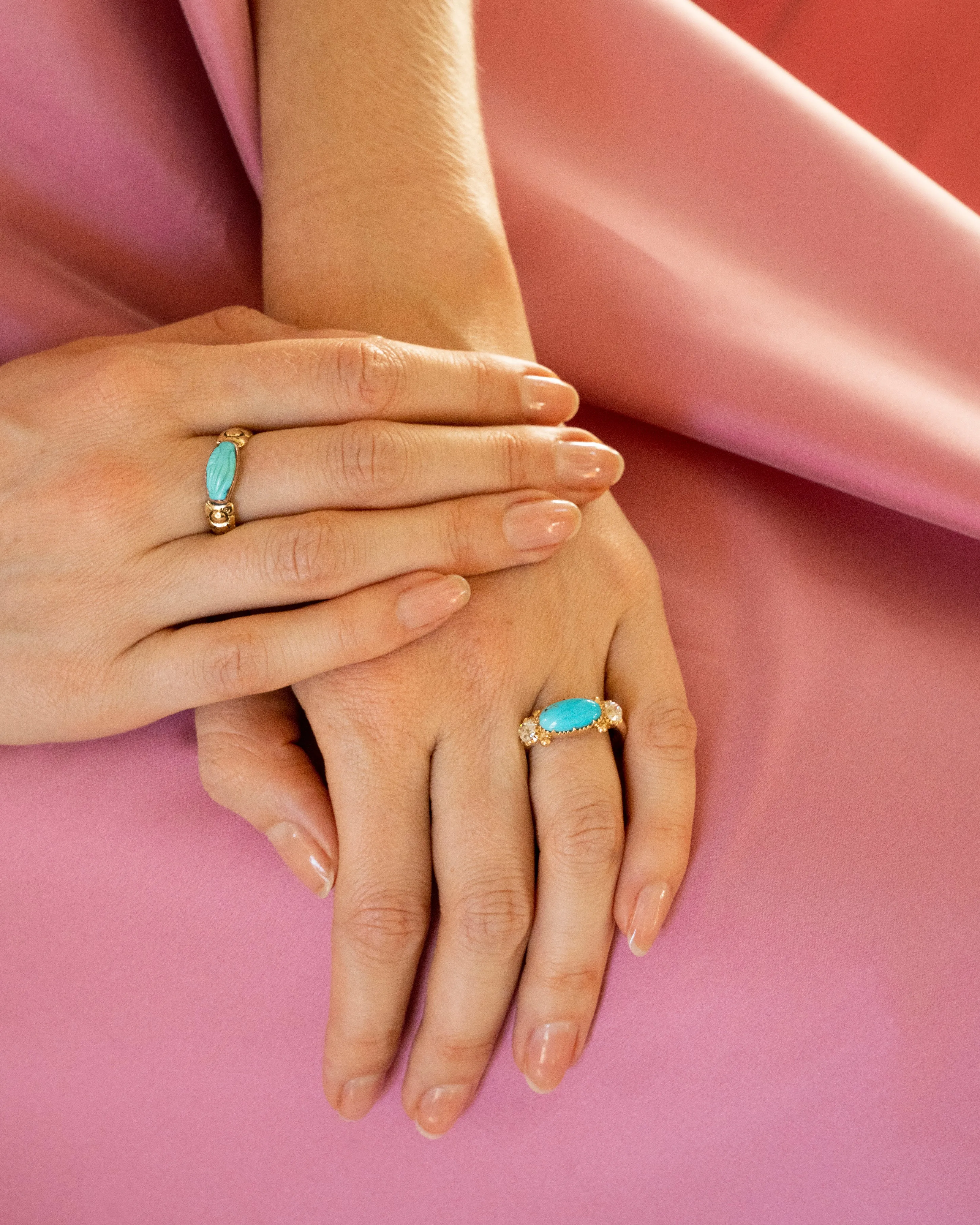 Bell & Bird Turquoise and Old Mine Cut Diamond Three Stone Ring