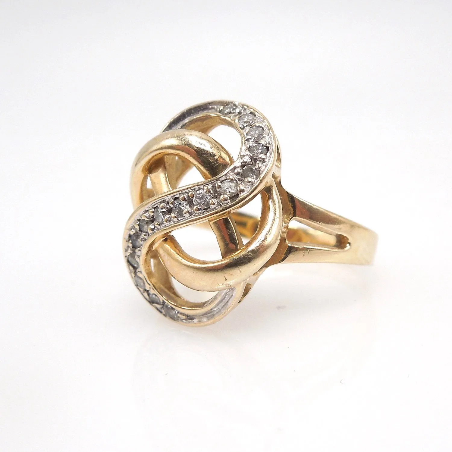 Bicolor Gold - White and Yellow - Infinity Swirl Knot with Diamonds