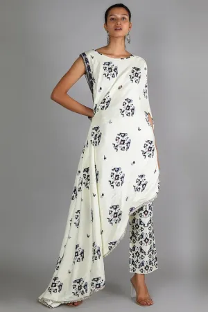 BIRD PRINT DRAPE TOP WITH GEOMETRIC DAMASK PRINT STRAIGHT PANTS WITH EMBROIDERY DETAILING
