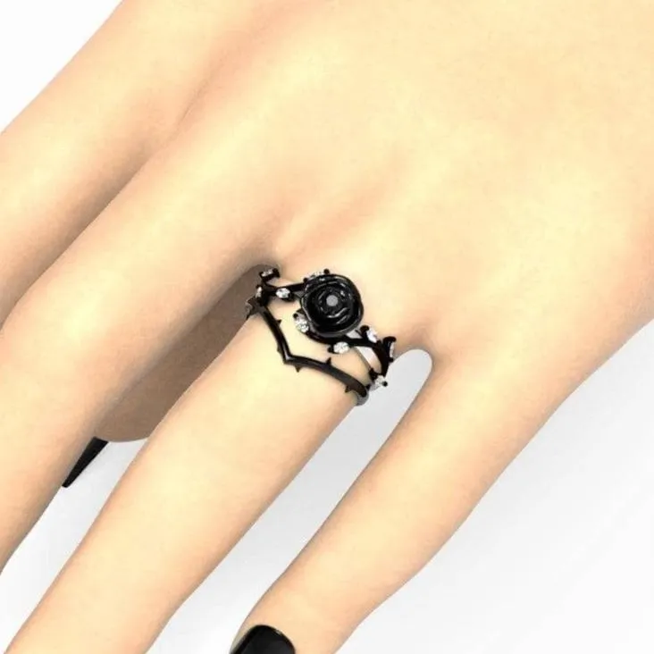 Black Rose- .50ct Round Cut Diamond 14K Gold Modern Goth Engagement Ring