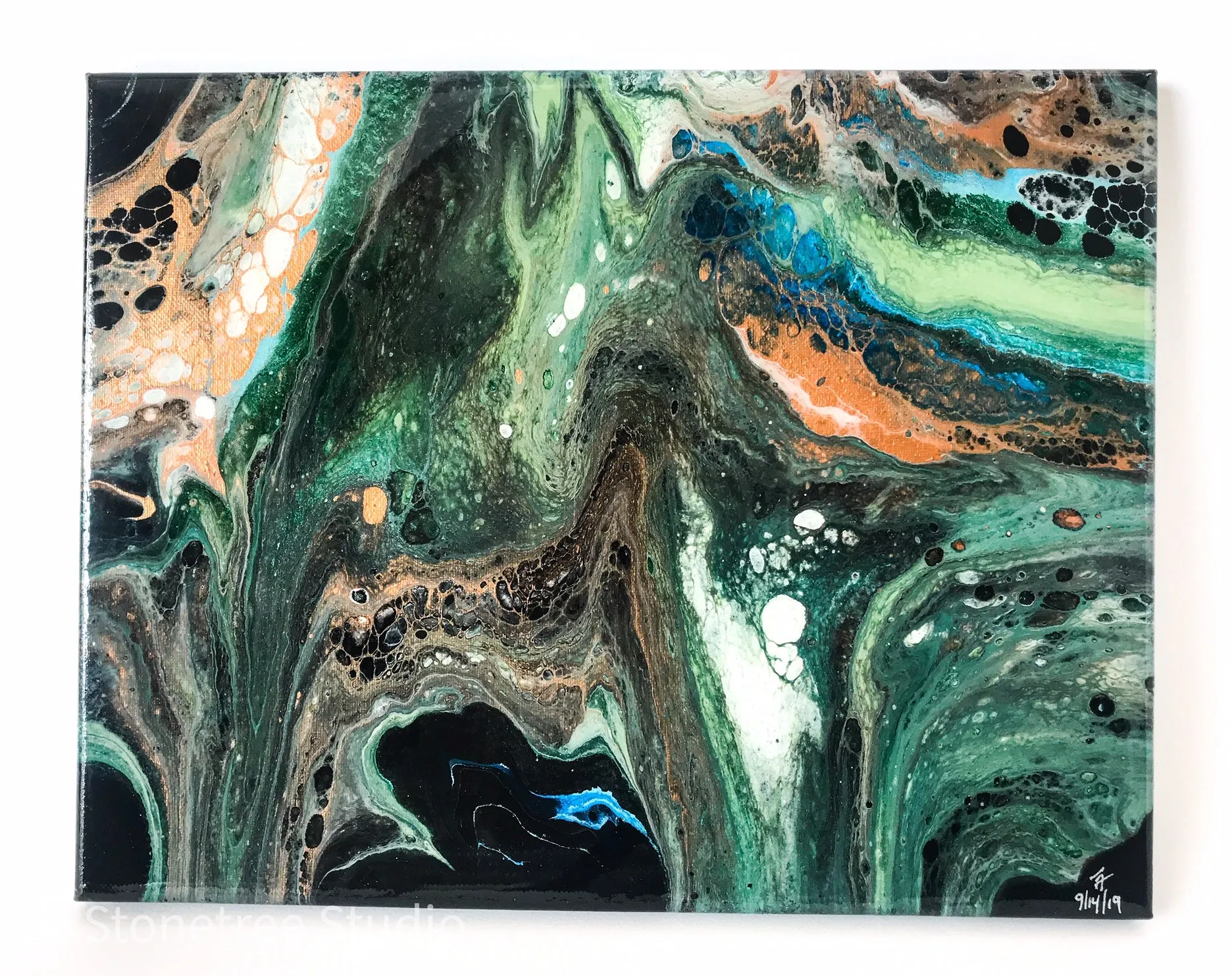 Bold Green, Black, and Gold Abstract Painting