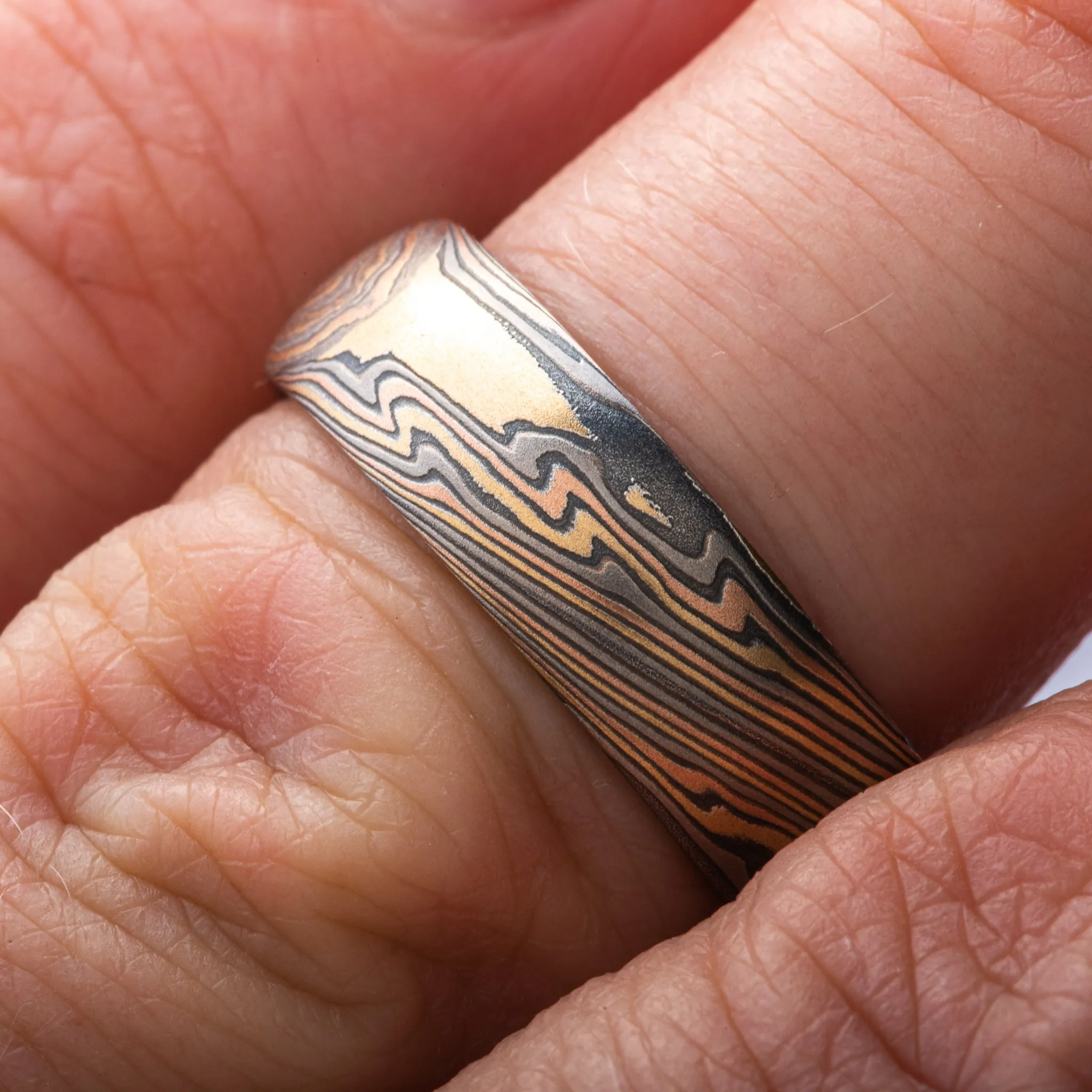 Bold Nature Inspired Mokume Gane Wedding Band or Ring in Firestorm Palette and Twist Pattern