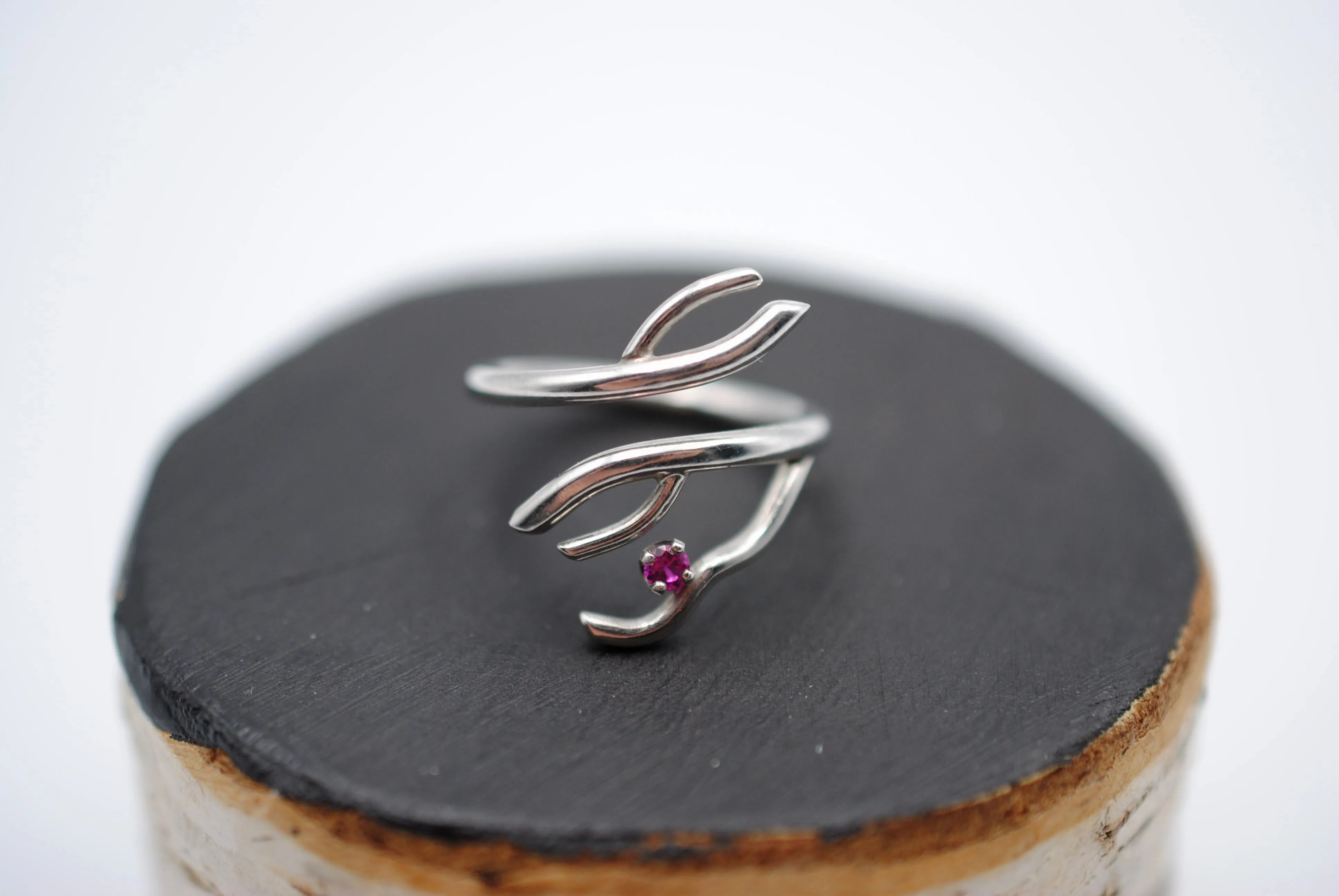 Branching Rhodium Roots Ring with a Ruby Gemstone
