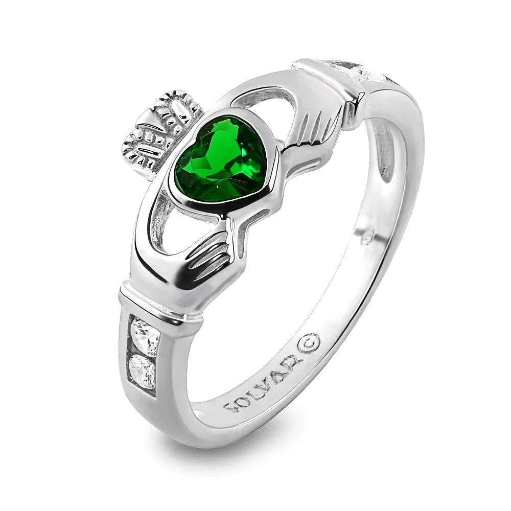 Claddagh Ring S-S2594 Ladies Sterling Silver with Green and White CZs