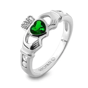 Claddagh Ring S-S2594 Ladies Sterling Silver with Green and White CZs