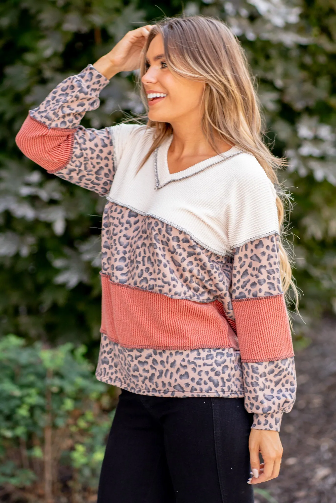 Color Block Long Sleeve Exposed Seam Top