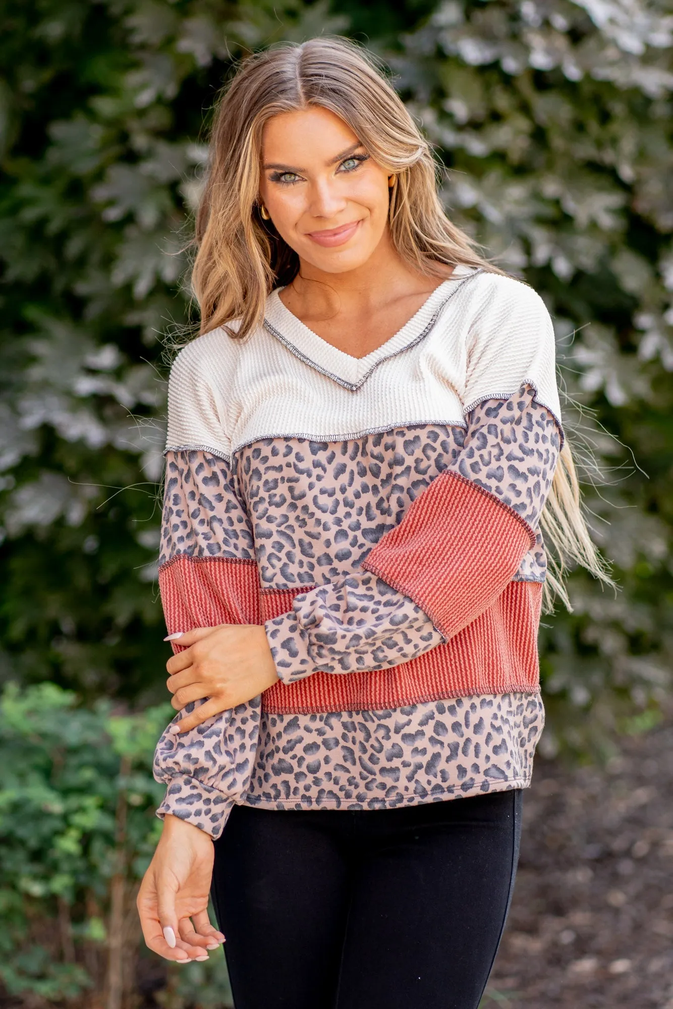 Color Block Long Sleeve Exposed Seam Top