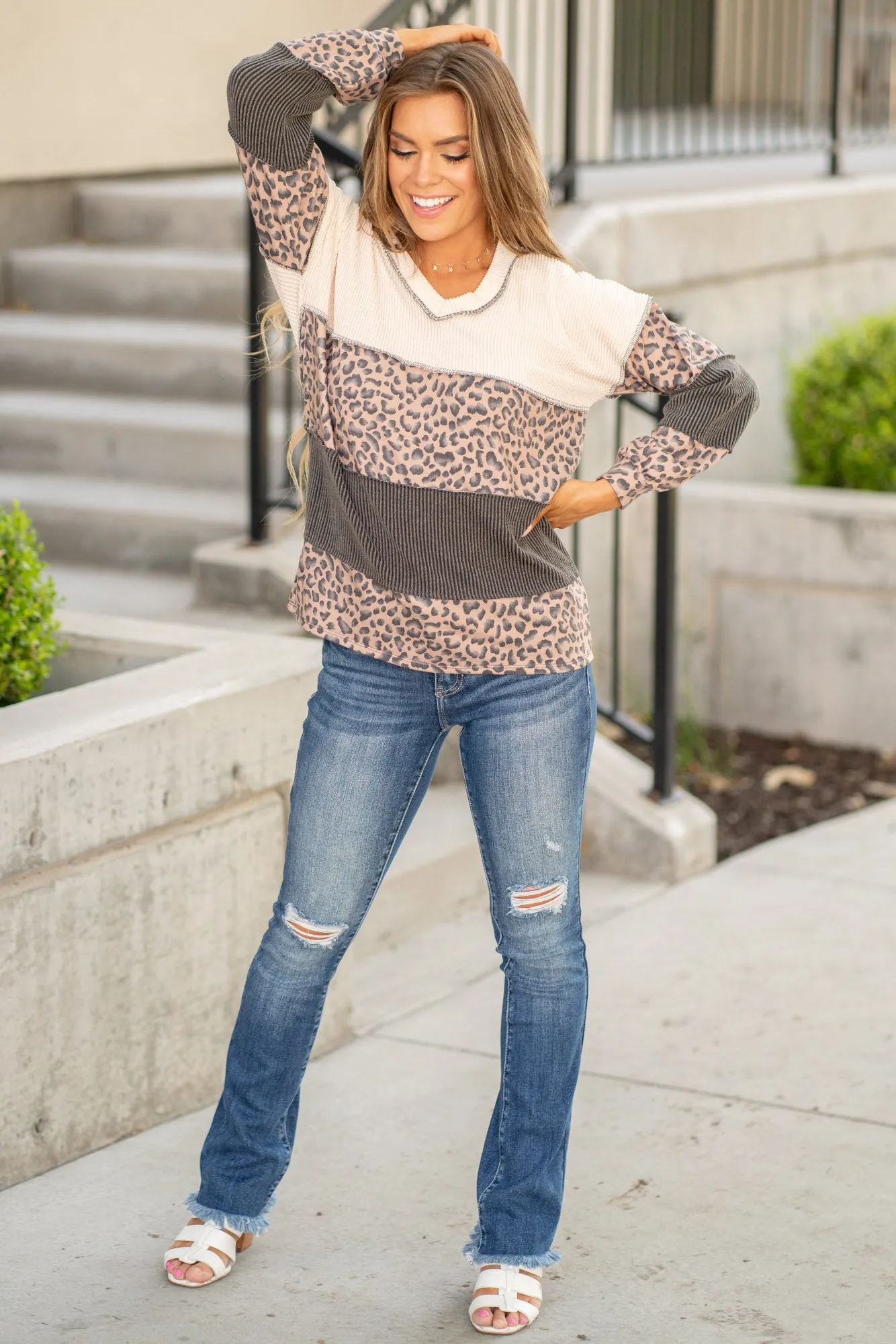 Color Block Long Sleeve Exposed Seam Top