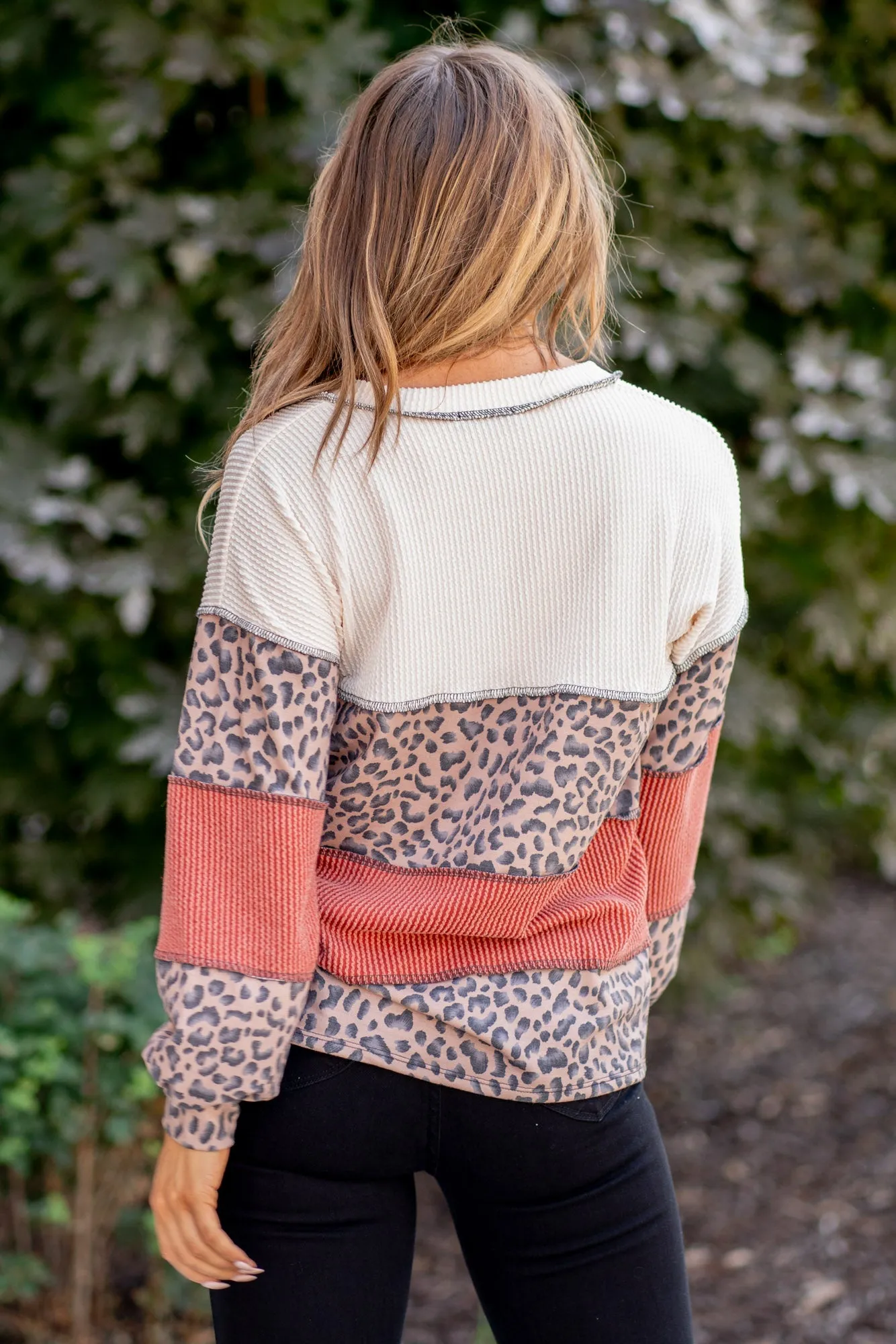 Color Block Long Sleeve Exposed Seam Top