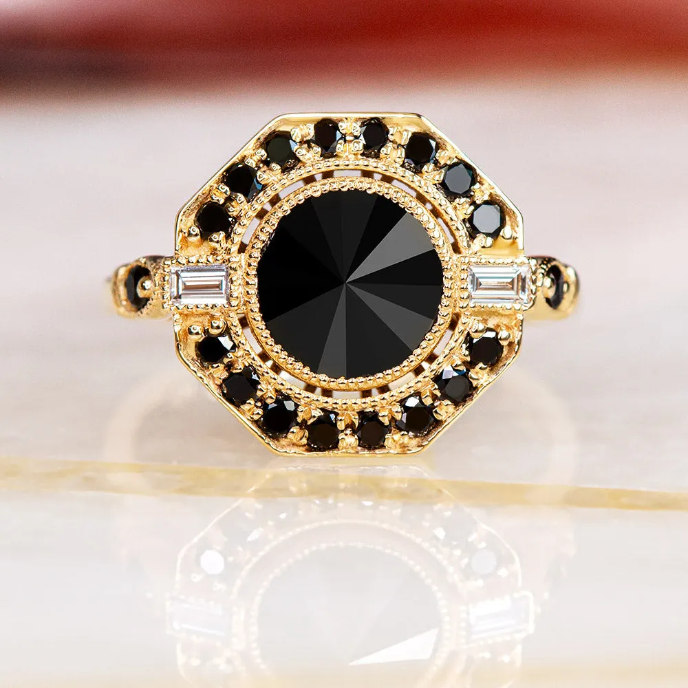 Cosmic Dust Inverted  Natural Black & White Baguette Diamond Ring