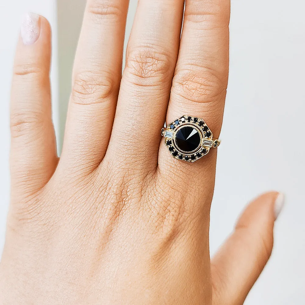 Cosmic Dust Inverted  Natural Black & White Baguette Diamond Ring