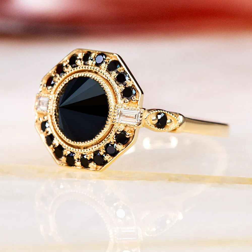 Cosmic Dust Inverted  Natural Black & White Baguette Diamond Ring