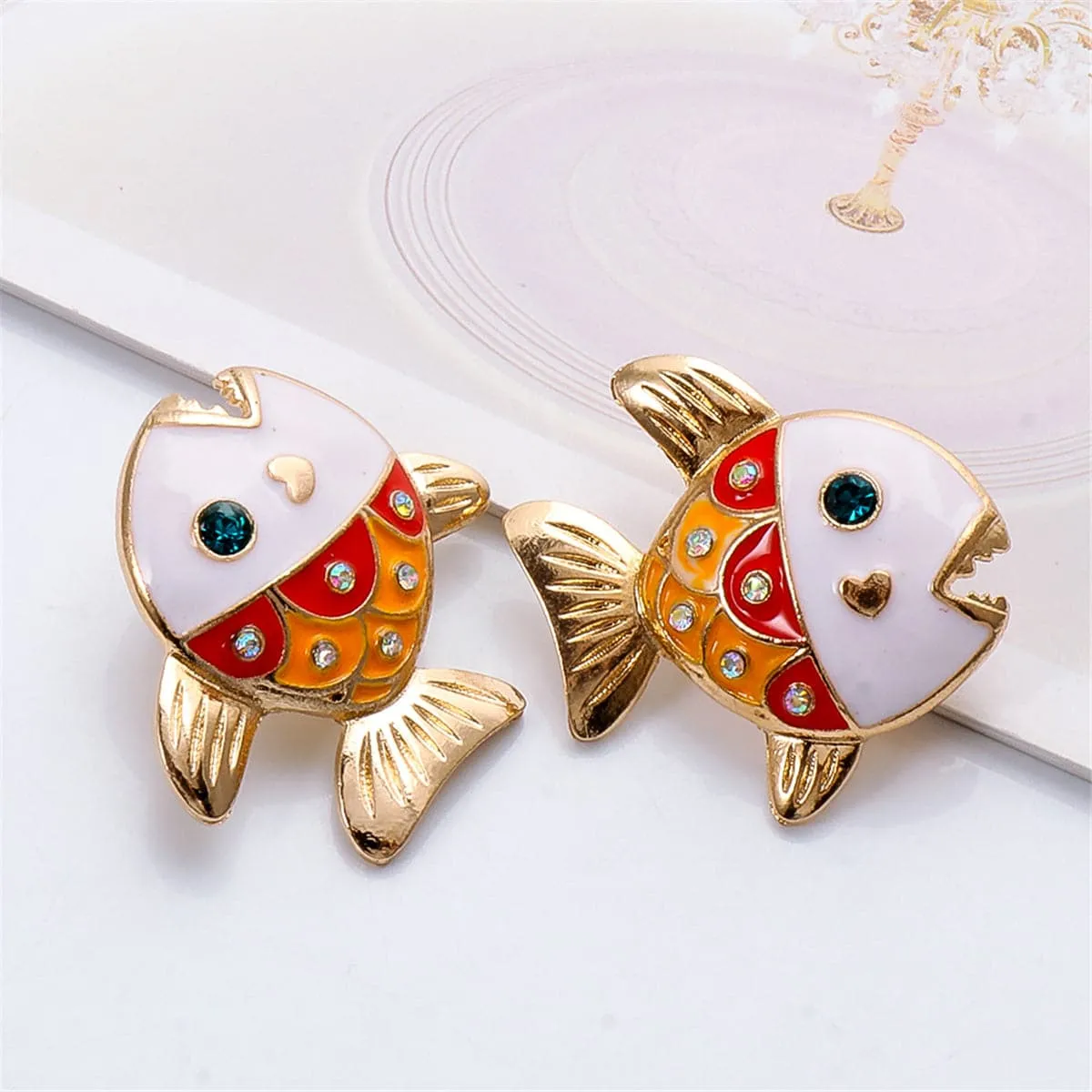 Cubic Zirconia & Enamel 18K Gold-Plated Color Block Fish Stud Earrings