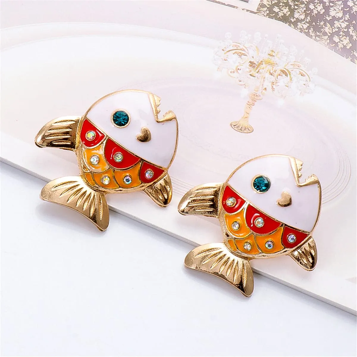 Cubic Zirconia & Enamel 18K Gold-Plated Color Block Fish Stud Earrings