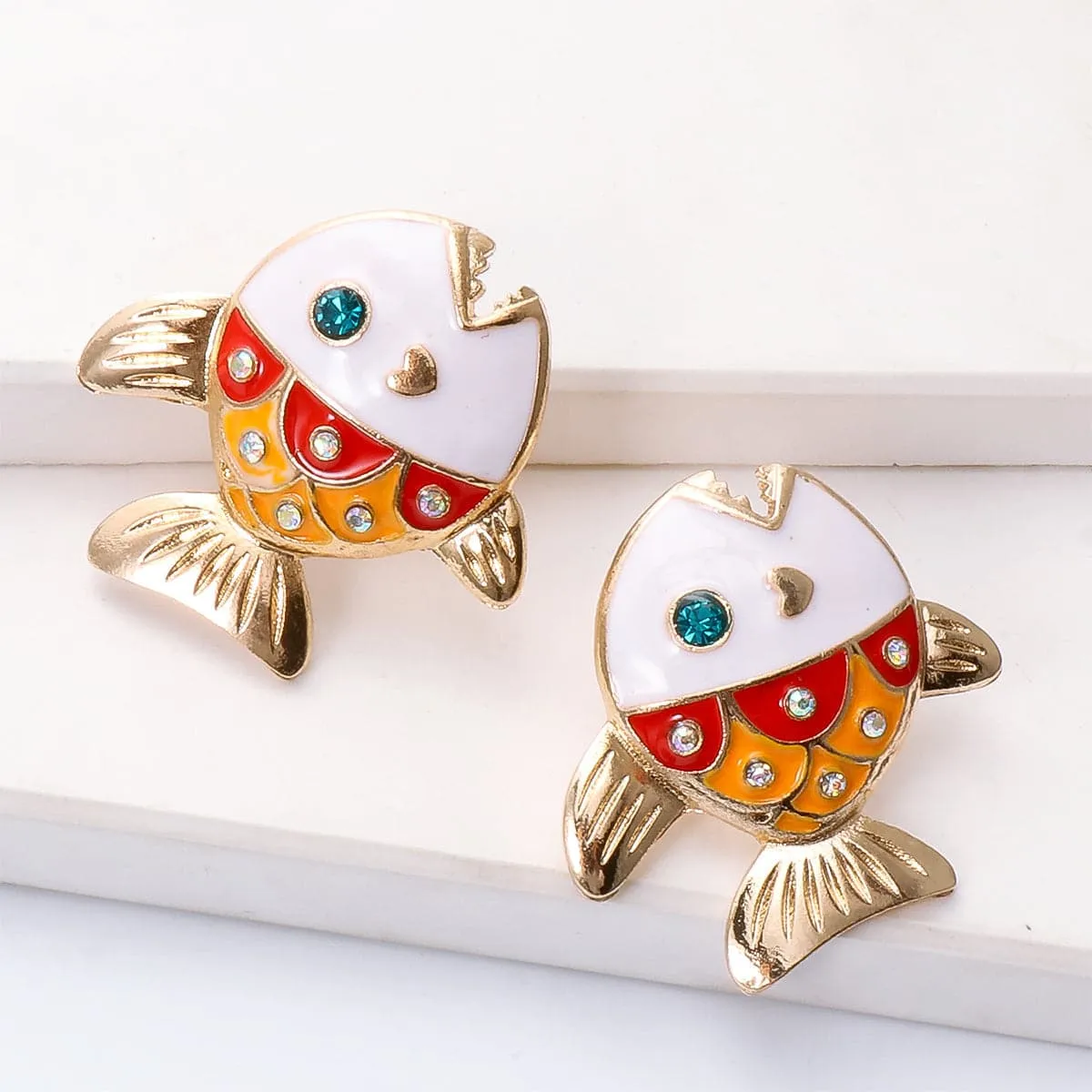 Cubic Zirconia & Enamel 18K Gold-Plated Color Block Fish Stud Earrings
