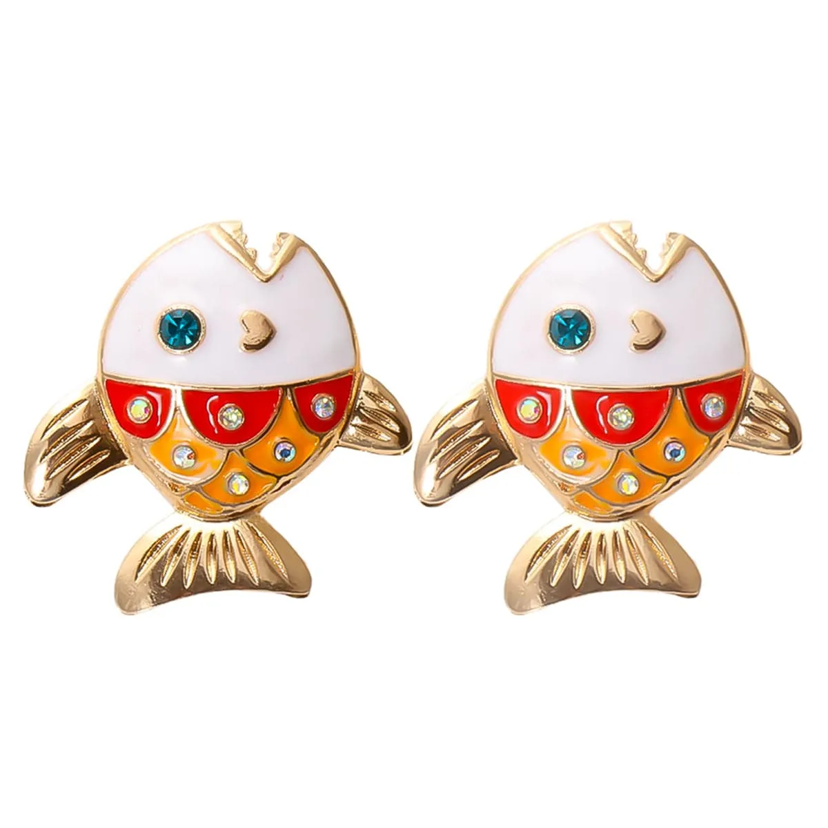 Cubic Zirconia & Enamel 18K Gold-Plated Color Block Fish Stud Earrings