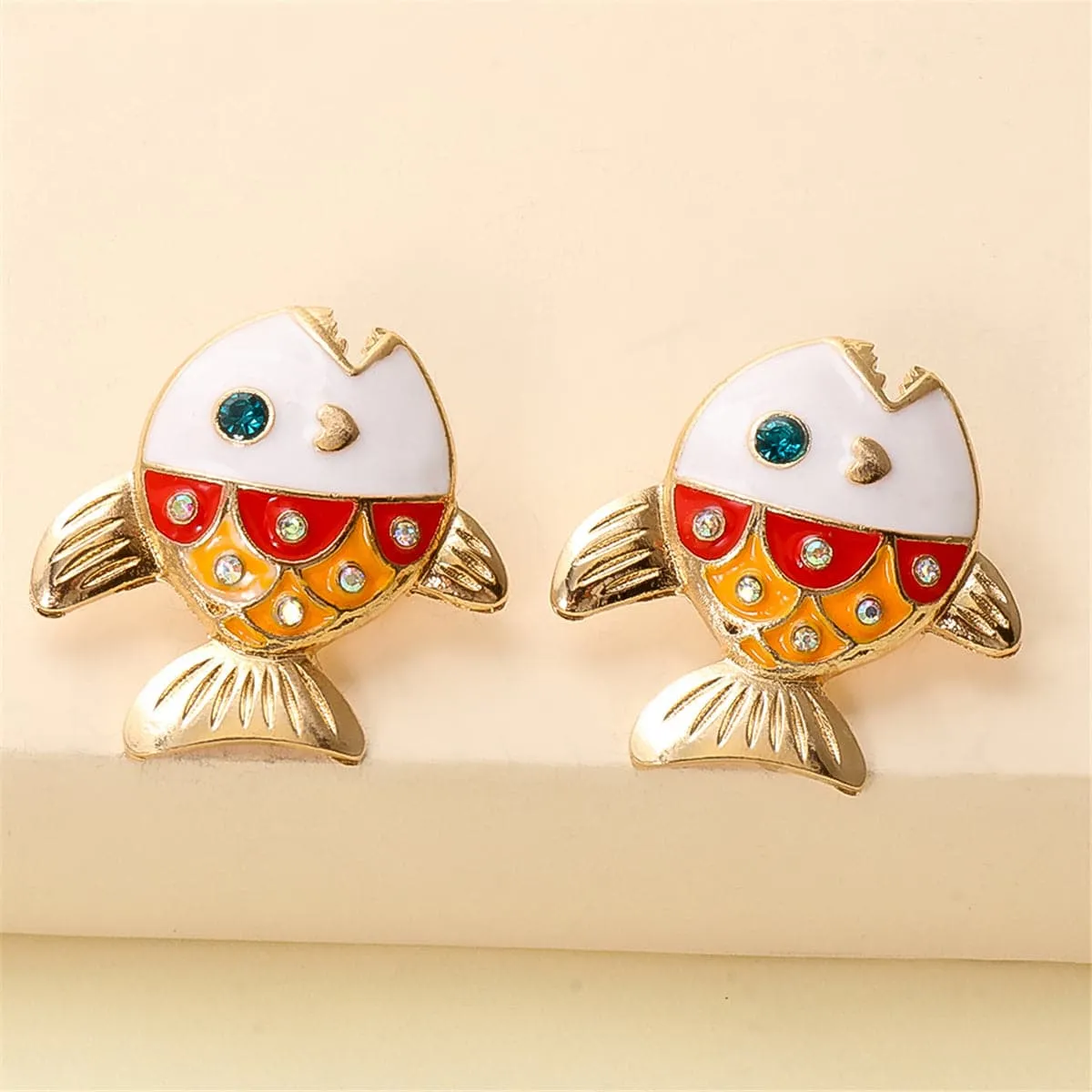 Cubic Zirconia & Enamel 18K Gold-Plated Color Block Fish Stud Earrings
