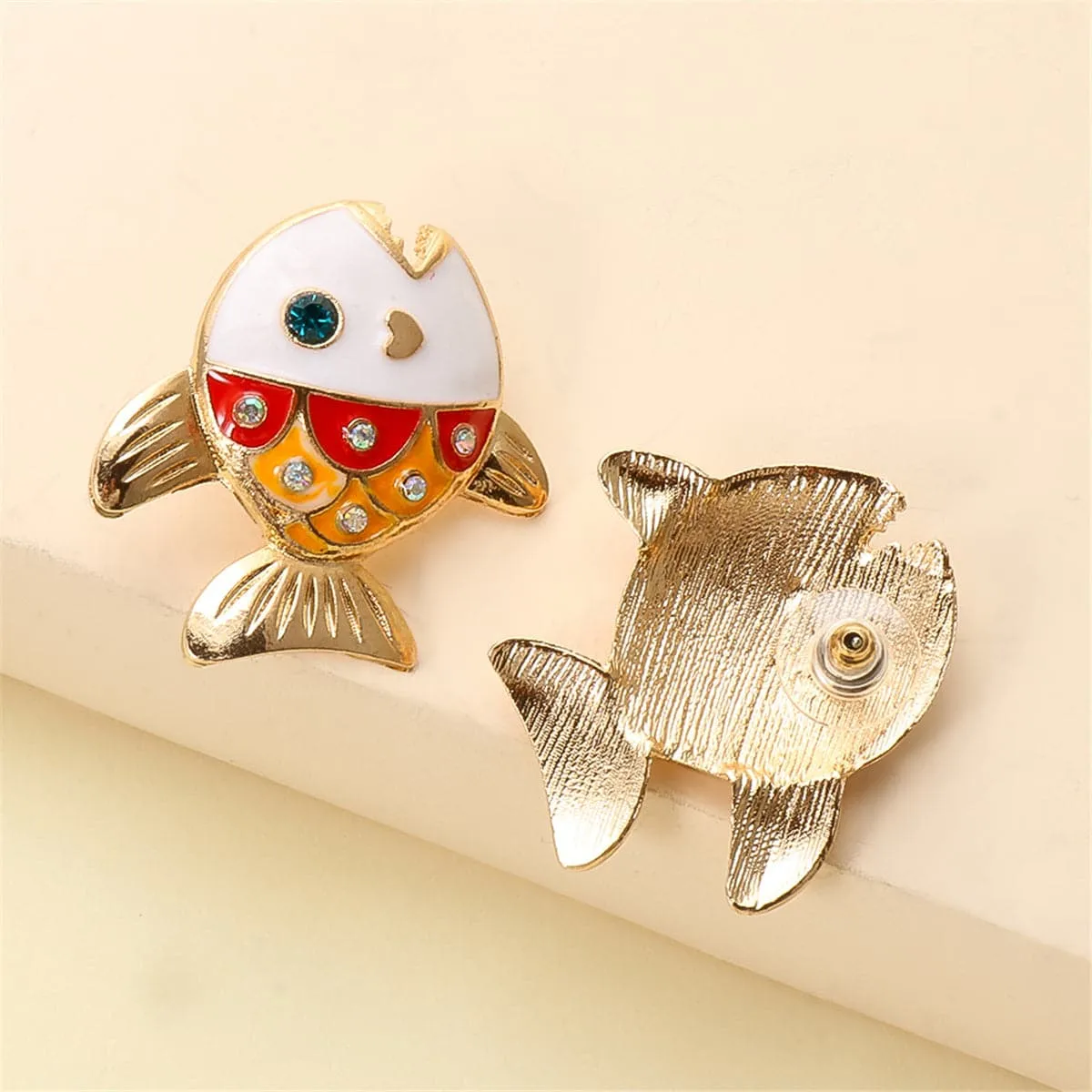 Cubic Zirconia & Enamel 18K Gold-Plated Color Block Fish Stud Earrings