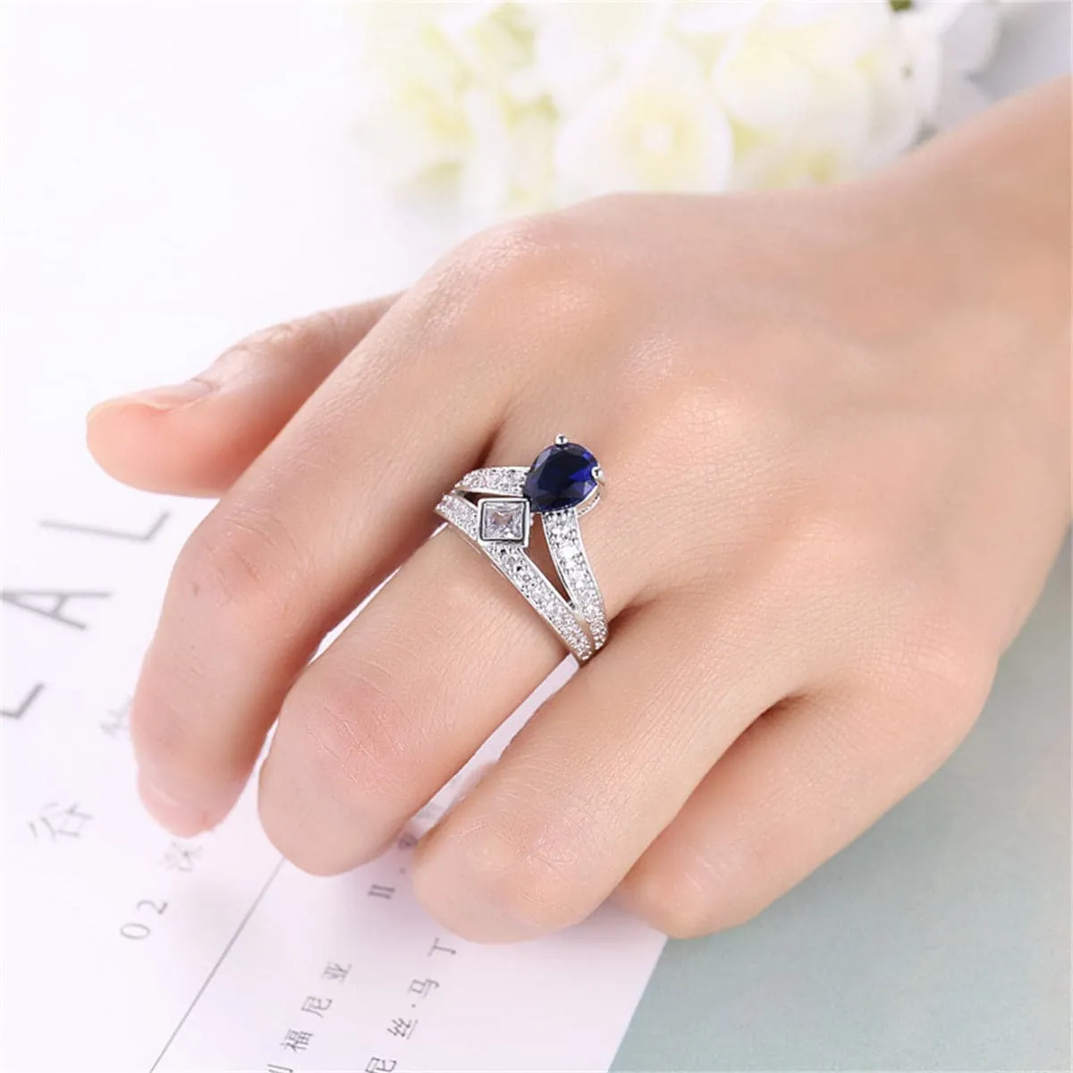 Cubic Zirconia & Navy Crystal Pear Ring