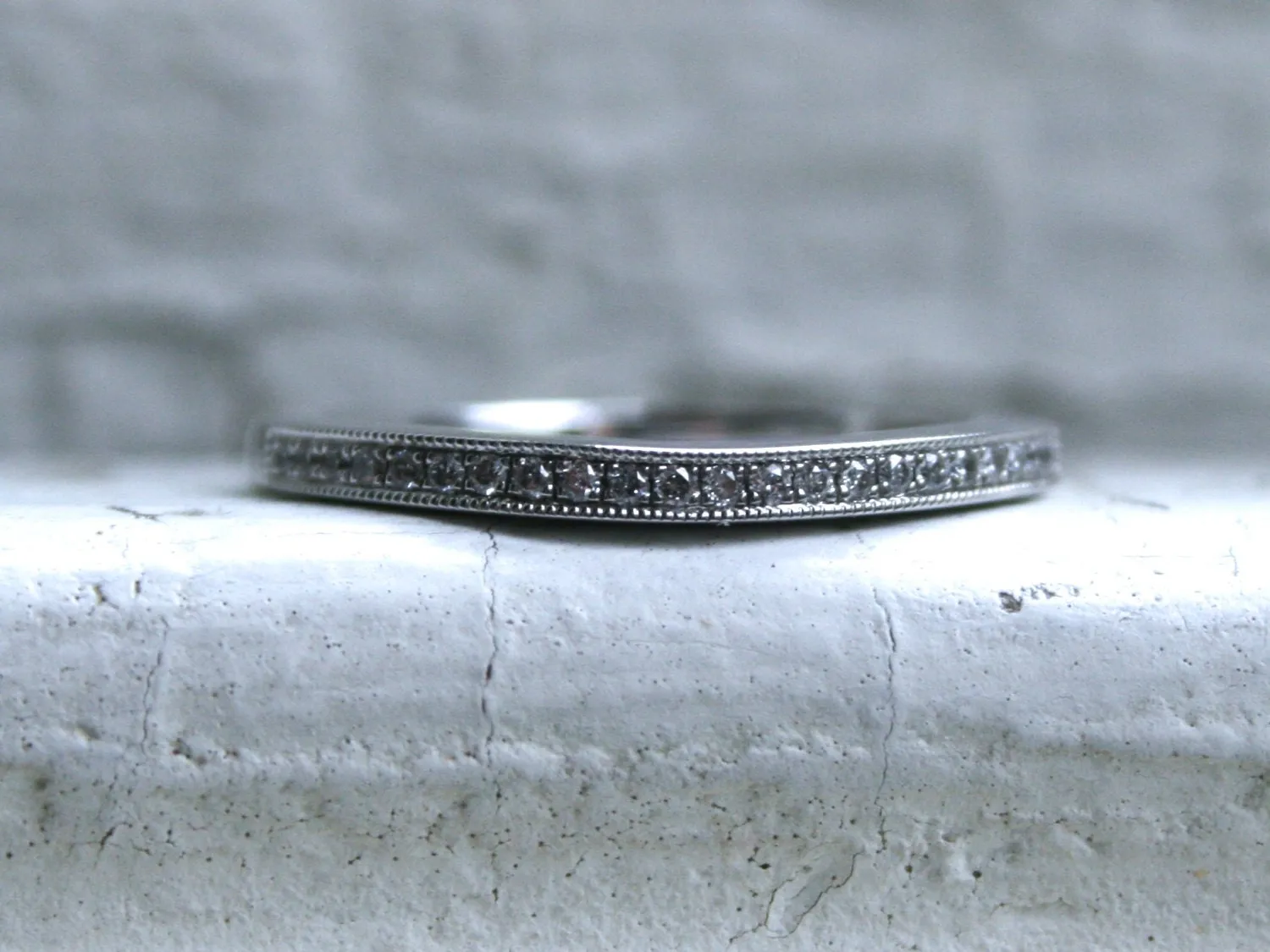 Curved Pave Vintage 14K White Gold Diamond Wedding Band.
