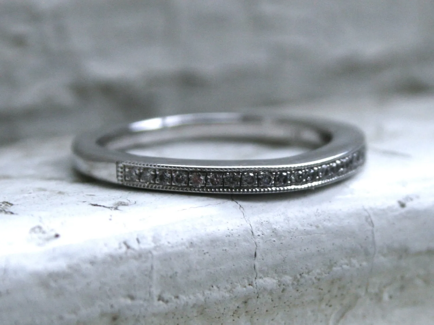 Curved Pave Vintage 14K White Gold Diamond Wedding Band.