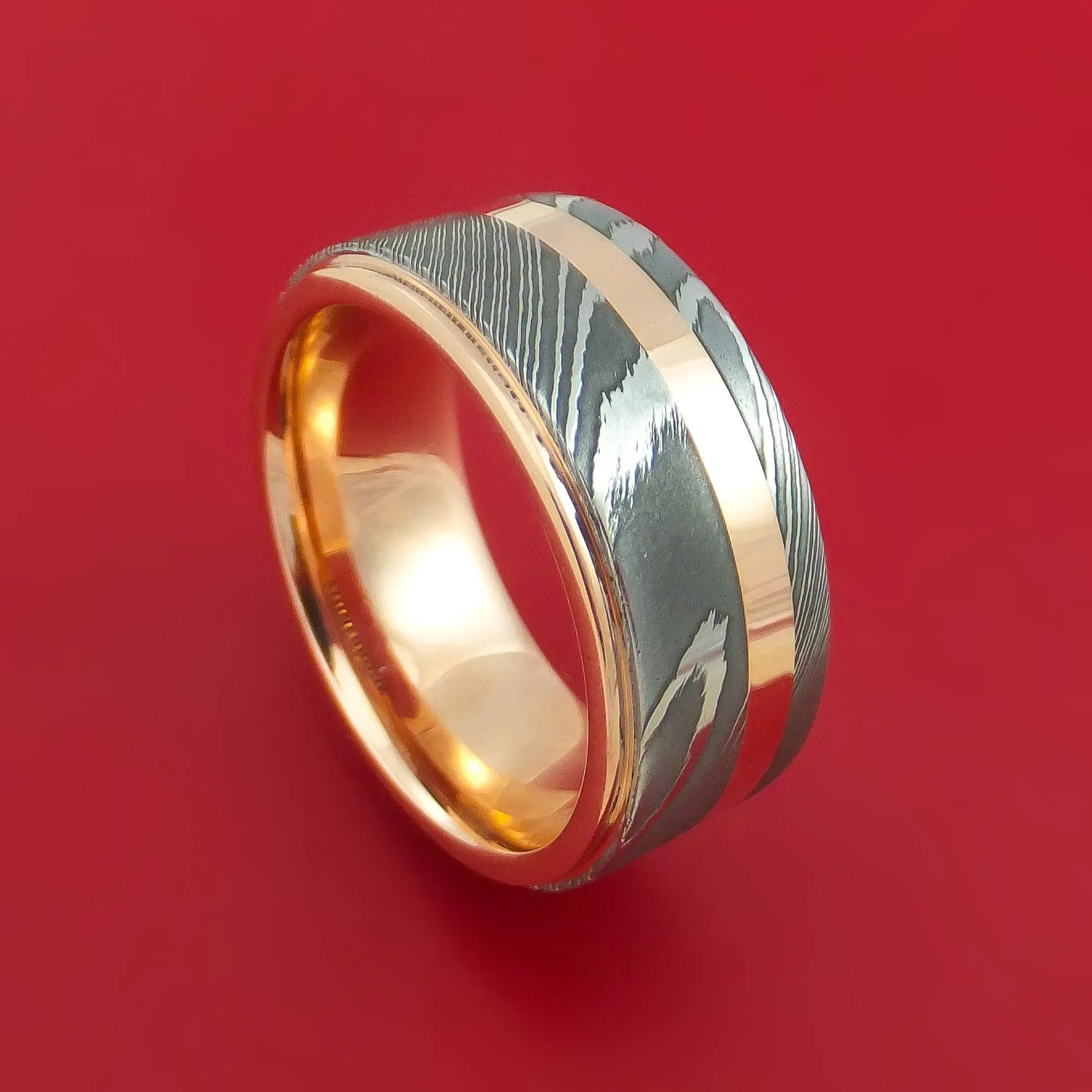 Damascus Steel 14K Rose Gold Ring Wedding Band with Gold Inlay
