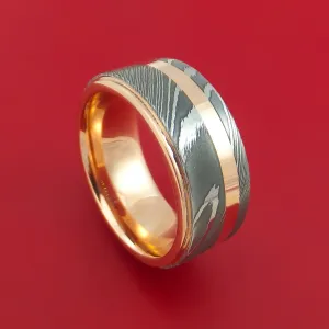 Damascus Steel 14K Rose Gold Ring Wedding Band with Gold Inlay