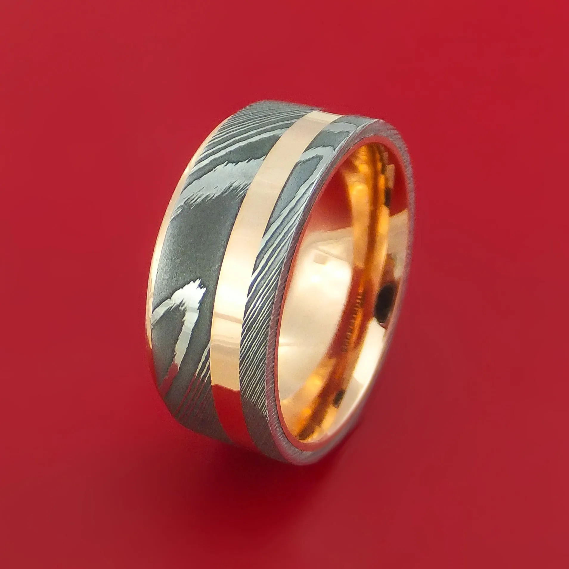 Damascus Steel 14K Rose Gold Ring Wedding Band with Gold Inlay